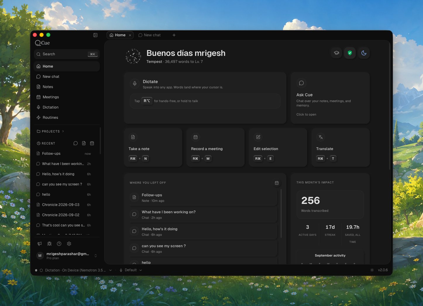 Cue's Mac app with voice dictation, notes, meetings, and AI chat in one workspace